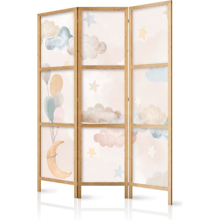 CONFIGURABLE PÄÄTUOTE - Japanilainen sermi - Fairy-Tale Moon - Moon with Balloons Among Clouds and Stars in Subdued Colors on a Light Beige Background. 35764