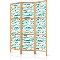 Japanilainen sermi Artgeist Fish Jumping Over Waves - Oriental Fish and Water Lilies Among High Waves in Shades of Sea Green, eri vaihtoehtoja