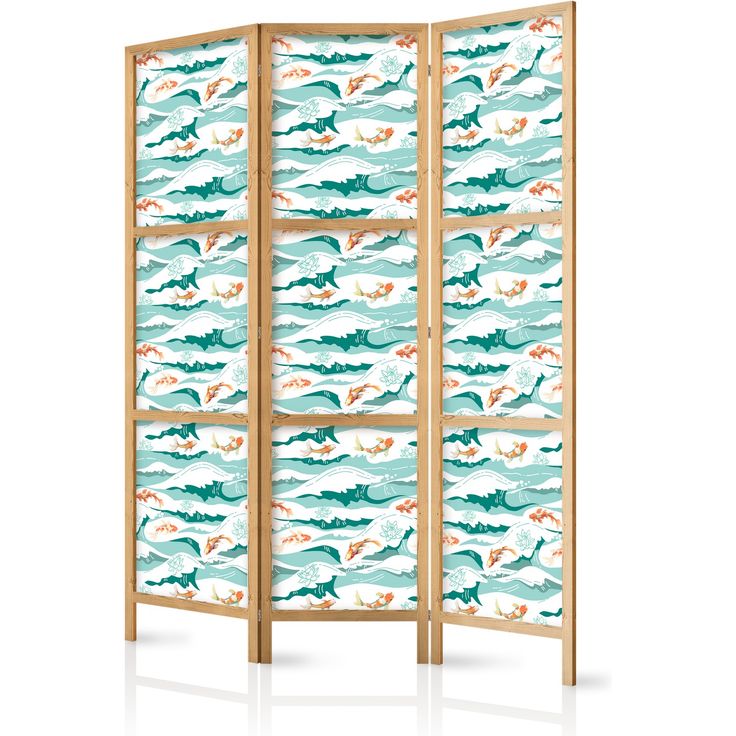 CONFIGURABLE PÄÄTUOTE - Japanilainen sermi - Fish Jumping Over Waves - Oriental Fish and Water Lilies Among High Waves in Shades of Sea Green 06330