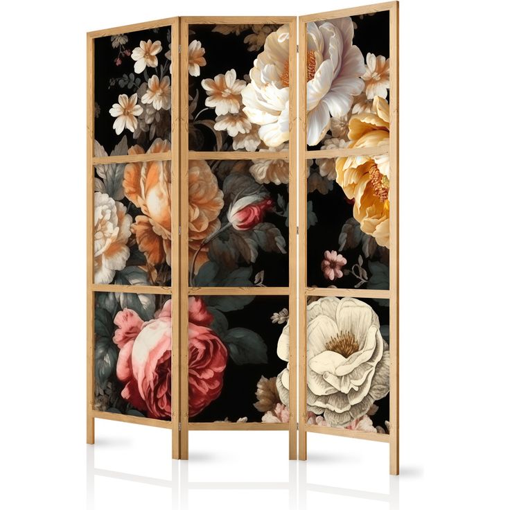 CONFIGURABLE PÄÄTUOTE - Japanilainen sermi - Floristry in Vintage Style - Huge Colorful Flowers on a Black Background 06194