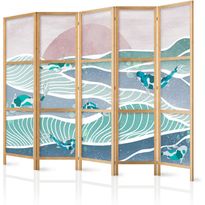 Japanilainen sermi Artgeist Koi Fish Among Waves Japanese Fish Among Waves in Shades of Turquoise and White, 172x225cm, turkoosi
