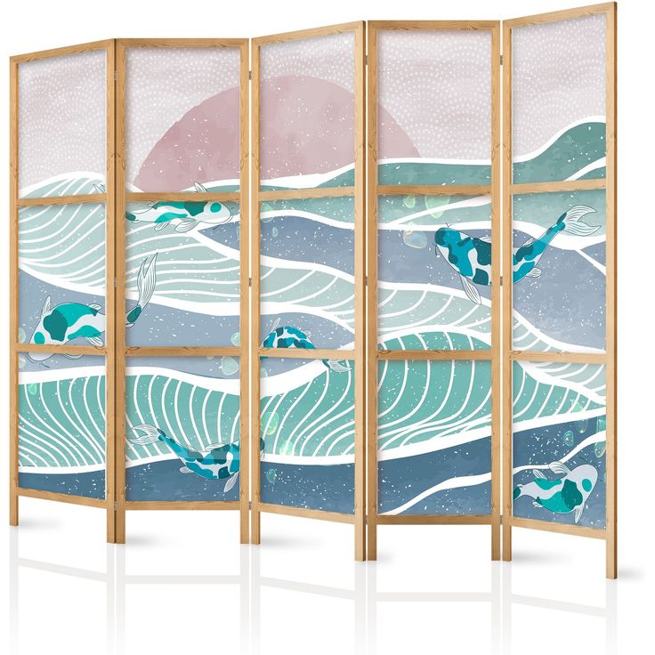 Japanilainen sermi - Koi Fish Among Waves - Japanese Fish Among Waves in Shades of Turquoise and White