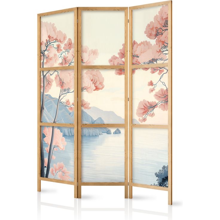 CONFIGURABLE PÄÄTUOTE - Japanilainen sermi - Landscape with the Ocean - Cliffs - and Trees in Delicate Pink Shades. 17463