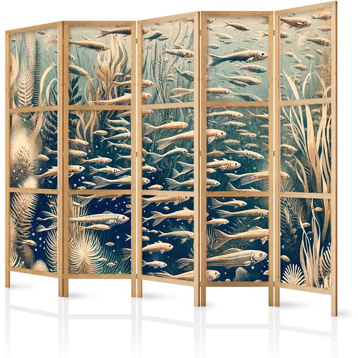 Japanilainen sermi - Life in The Ocean - Underwater World of Fish And Vegetation in Beige And Navy Colors in Retro Style