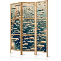 Japanilainen sermi Artgeist Life in the Ocean Underwater World of Fish and Vegetation in Beige and Navy Retro Style, 172x135cm, harmaa
