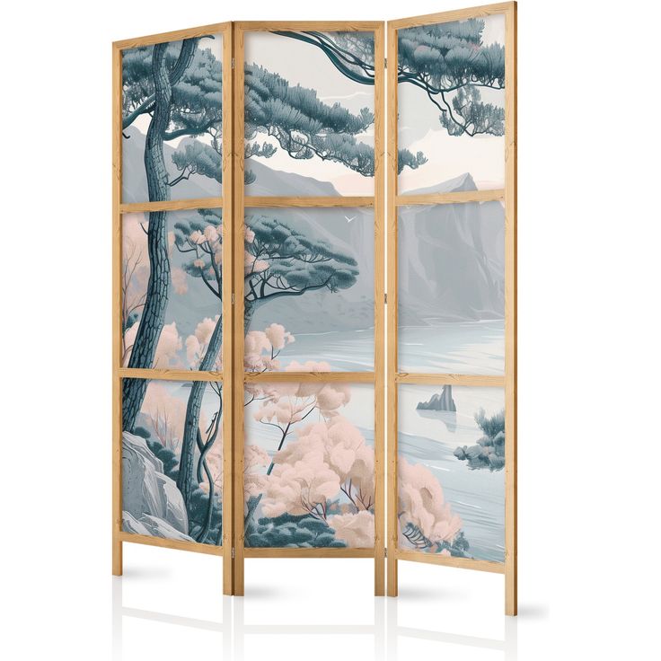 CONFIGURABLE PÄÄTUOTE - Japanilainen sermi - Mountainous Coastline with Trees and Rocks in Light Pastel Blues. 18750
