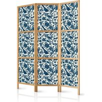 Japanilainen sermi Artgeist Rose Vines - Monochromatic Blue Birds Resting Among Roses, eri vaihtoehtoja