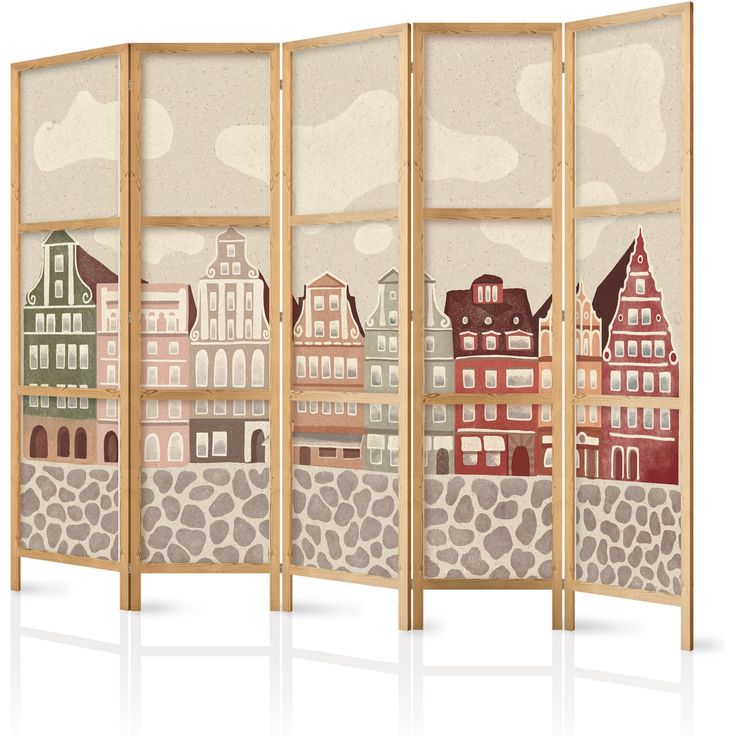 Japanilainen sermi - Solny Square - Colorfully Illustrated Townhouses Against a Sky with Clouds.