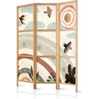 Japanilainen sermi Artgeist Sun Above the Rainbow Birds in Subdued Colors Flying Among Clouds Above a Rainbow and Vegetation on a Light Beige Background, 172x135cm, beige