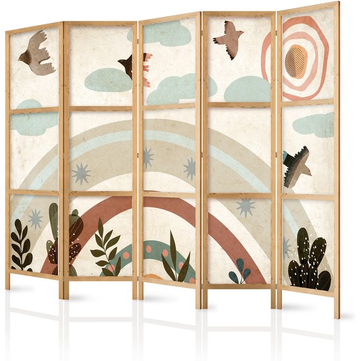 Japanilainen sermi - Sun Above the Rainbow - Birds in subdued colors - flying among clouds above a rainbow and vegetation on a light beige background.