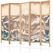 Japanilainen sermi Artgeist Turbulent Ocean High Waves in Brown And Navy Colors on a Beige Background in Vintage Style, 172x225cm, valkoinen