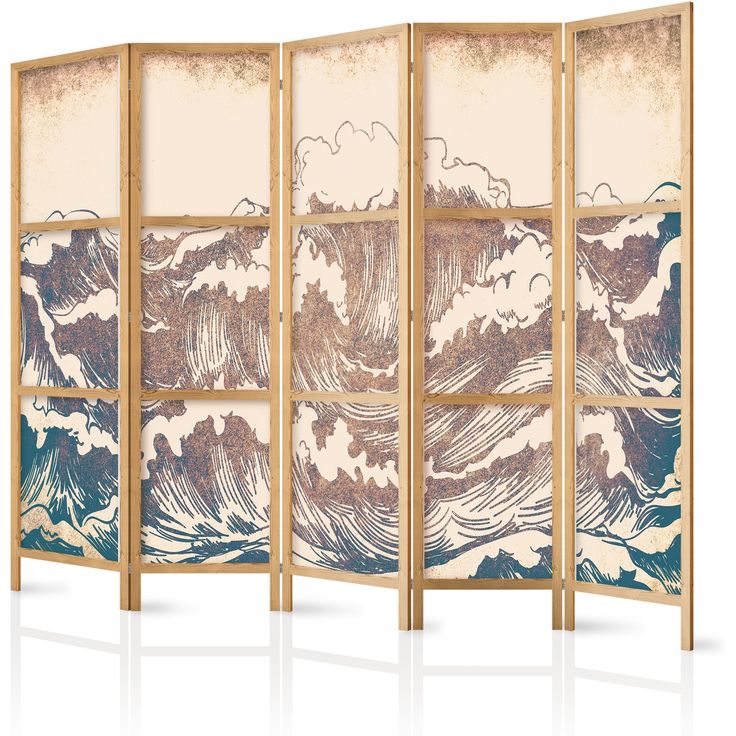 Japanilainen sermi - Turbulent Ocean - High Waves in Brown And Navy Colors on a Beige Background in Vintage Style