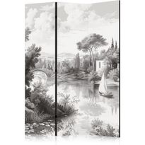 Sermi Artgeist Black and White Vintage Landscape - Retro View of a Pond with a Boat, eri vaihtoehtoja
