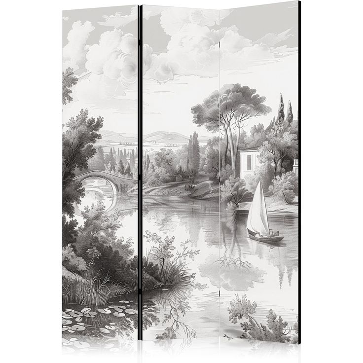 CONFIGURABLE PÄÄTUOTE - Sermi - Black and White Vintage Landscape - Retro View of a Pond with a Boat 24126