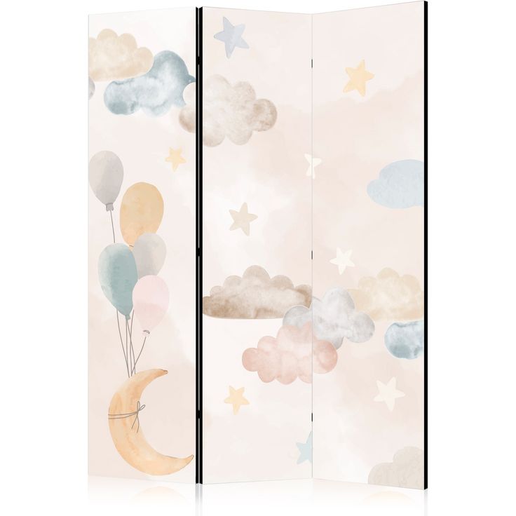 CONFIGURABLE PÄÄTUOTE - Sermi - Fairy-Tale Moon - Moon with Balloons Among Clouds and Stars in Subdued Colors on a Light Beige Background 35702