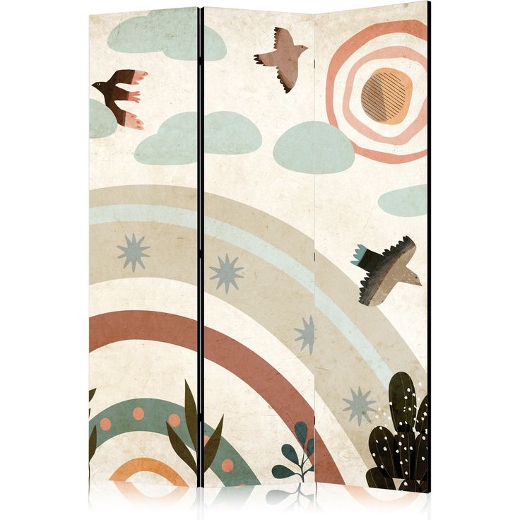 CONFIGURABLE PÄÄTUOTE - Sermi - Sun Above the Rainbow - Birds in Subdued Colors Flying Among Clouds Above a Rainbow and Vegetation on a Light Beige Background 35788