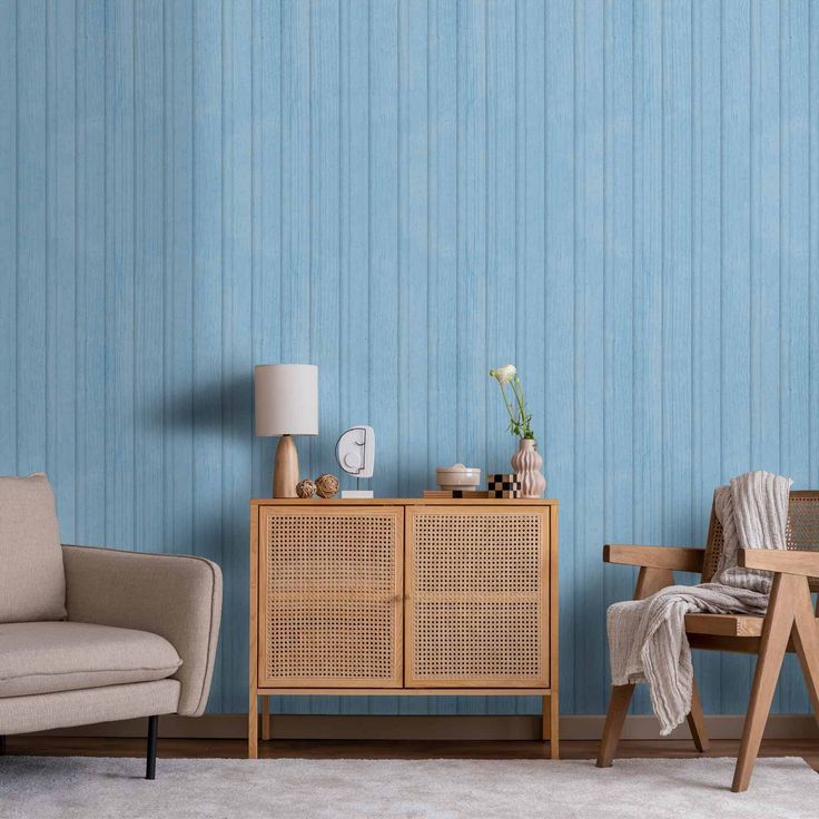 Tapetti - Blue Panels - Wooden planks in a pastel blue shade.