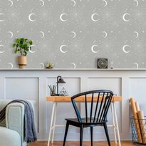 Tapetti Artgeist Cosmic Fireworks Elegant pattern with moons and stars on a gray background, mustavalkoinen, 50cm x 10m