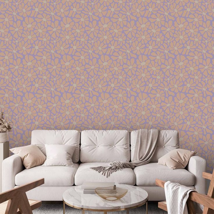 Tapetti - Cute Light-Beige Little Flowers - Small flowers with beige - undulating petals on a blue background.
