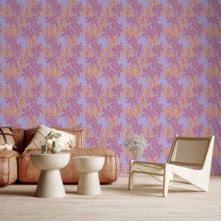 Tapetti - Exotic - Two-Tone Flowers - Flowers in purple and orange on a blue background.