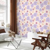 Tapetti Artgeist Floating Flowers Tiny wind-borne flowers in three colors on a light background, valkoinen, 50cm x 10m
