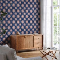 Tapetti Artgeist Sunny Patterns Repeating sun motif on a navy background, beige, 50cm x 10m