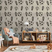 Tapetti Artgeist Traces and Balls Black-and-white soccer motifs on a beige background, valkoinen, 50cm x 10m