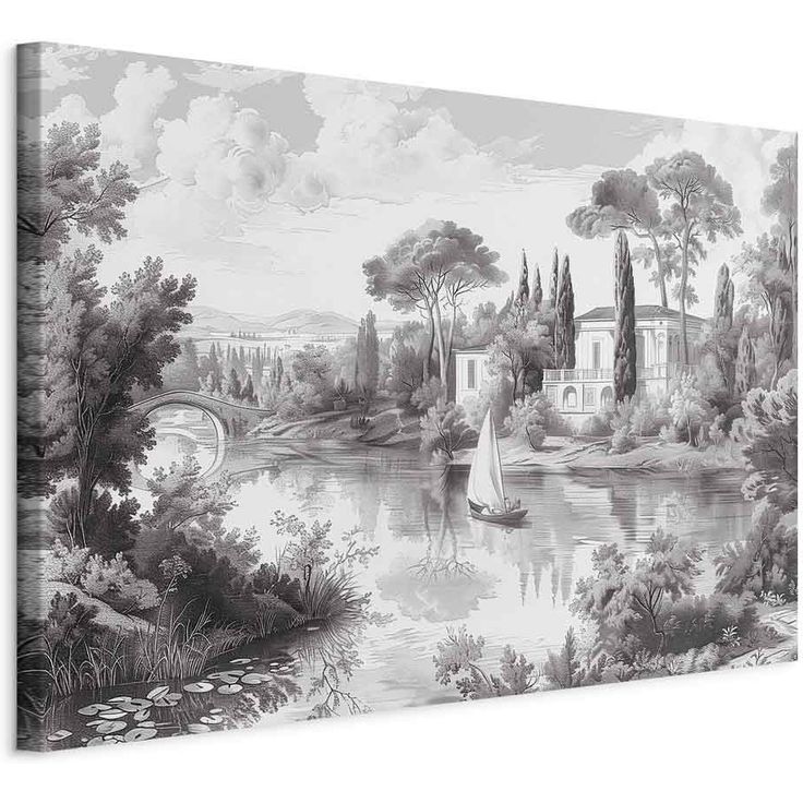 CONFIGURABLE PÄÄTUOTE - Taulu - Black and White Vintage Landscape Retro View of a Pond with a Boat 23914