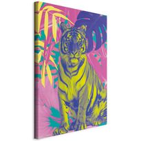 Taulu Artgeist Colorful Tiger - Intense Colors of a Tiger Surrounded by Tropical Plants, eri vaihtoehtoja