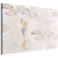 Taulu Artgeist Fairy-Tale Moon - Pastel Moon with Balloons Among Colorful Clouds and Stars in Subdued Colors on a Light Background, eri vaihtoehtoja