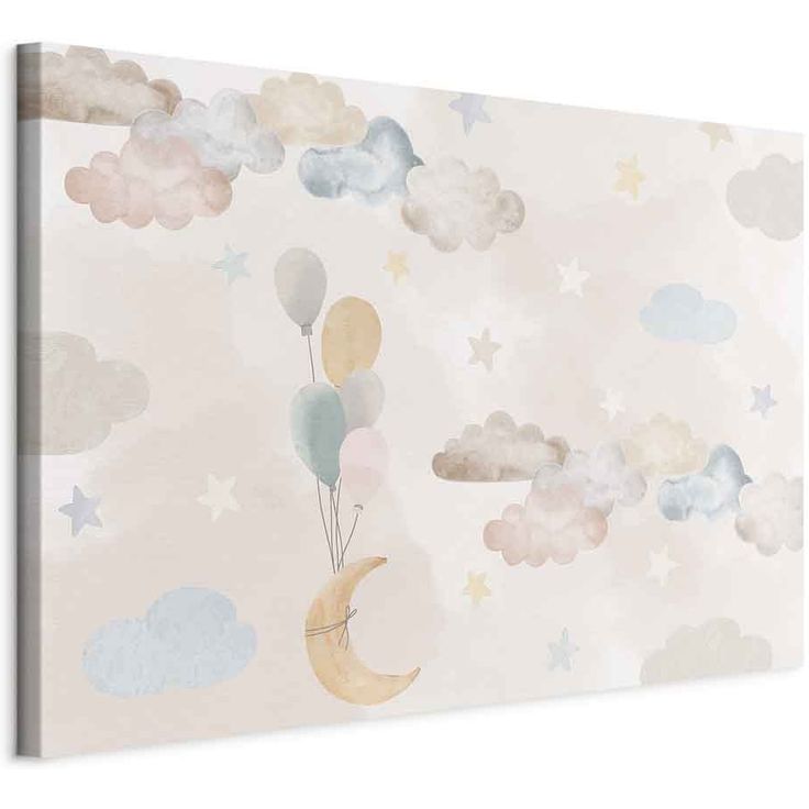 CONFIGURABLE PÄÄTUOTE - Taulu - Fairy-Tale Moon - Pastel Moon with Balloons Among Colorful Clouds and Stars in Subdued Colors on a Light Background 40683