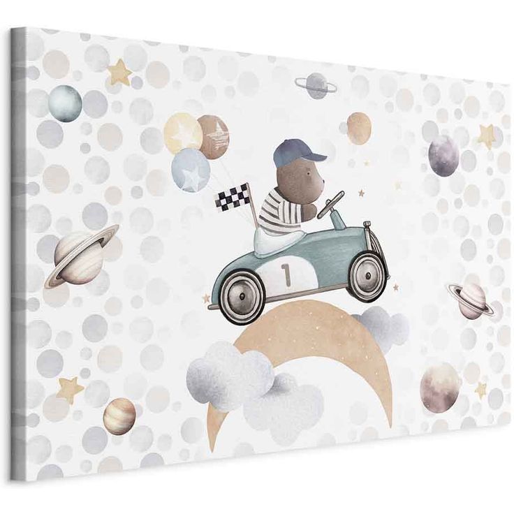 CONFIGURABLE PÄÄTUOTE - Taulu - Galactic Races - A Bear Participating in Car Races Among Planets Clouds and Stars in Pastel Hues 36754