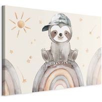 Taulu Artgeist Happy Sloth - Sloth in Subdued Colors Wearing a Cap Sitting on a Rainbow Among Little Stars, eri vaihtoehtoja