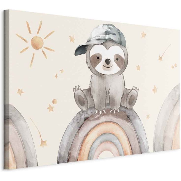 CONFIGURABLE PÄÄTUOTE - Taulu - Happy Sloth - Sloth in Subdued Colors Wearing a Cap Sitting on a Rainbow Among Little Stars 36006