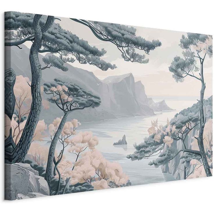 CONFIGURABLE PÄÄTUOTE - Taulu - Mountainous Coast with Trees and Rocks in Light Pastel Blues 18460