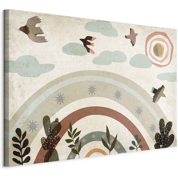 CONFIGURABLE PÄÄTUOTE - Taulu - Rainbow and Sun Above - Birds in Subdued Colors Flying Among Clouds Above a Rainbow and Various Plants on a Light Background 40898