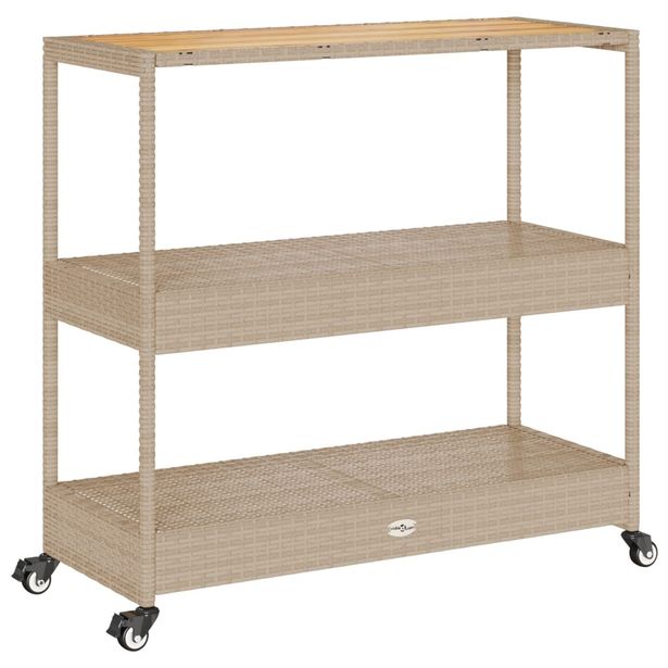 Baarivaunu 3 tasoa beige polyrottinki ja täysi akasiapuu (68725)