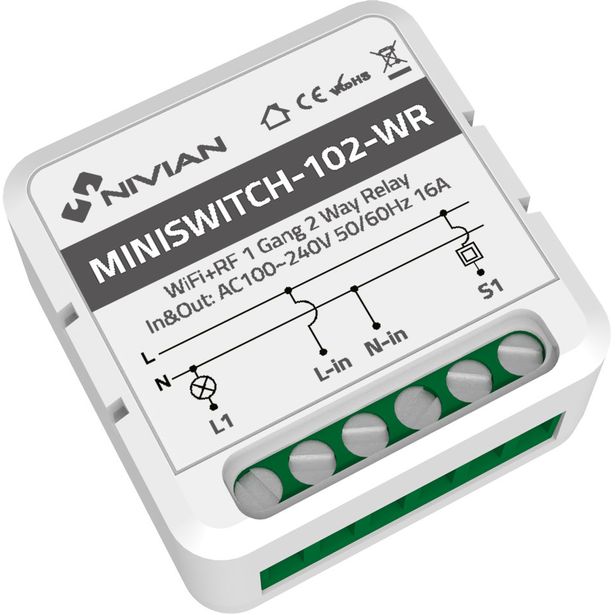 Minikokoinen virtakytkin Celotron Nivian, 1 rele, TUYA Smartlife Wifi/Wlan
