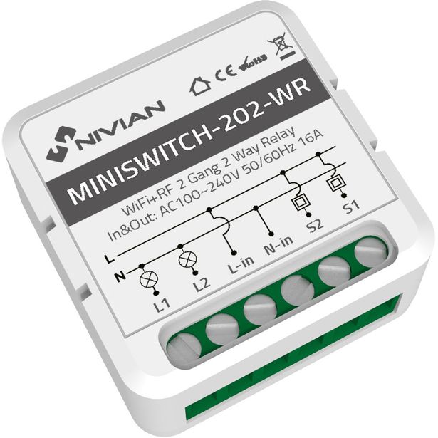 Minikokoinen virtakytkin Celotron Nivian, 2 relettä, TUYA Smartlife Wifi/Wlan