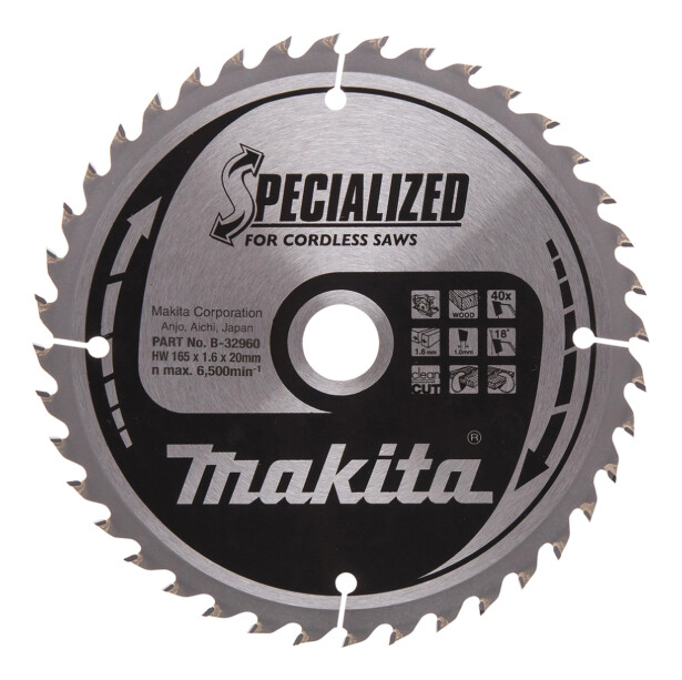 Pyörösahanterä Makita Specialized 165x20x1.6mm, Z-40, puulle
