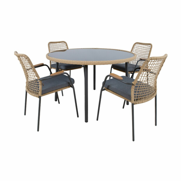 Ruokailuryhmä Home4You Prussia ø120cm + 4 tuolia, rottinki, harmaa/beige 