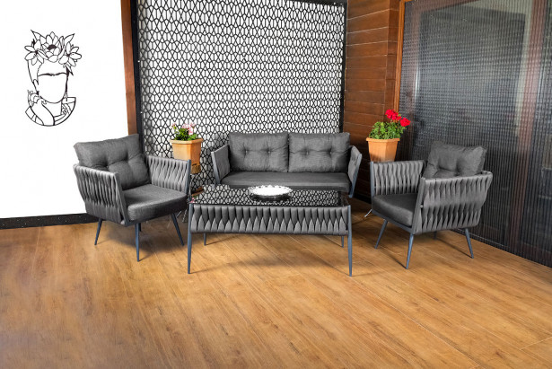 Oleskeluryhmä Linento Garden Violet, 2-istuttava sohva + 2 nojatuolia + sohvapöytä, harmaa