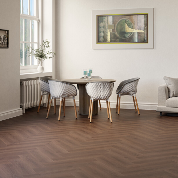 Vinyylilankku Check Floors Check One Herringbone 2076H Boxbach Oak, kalanruoto, tummanruskea