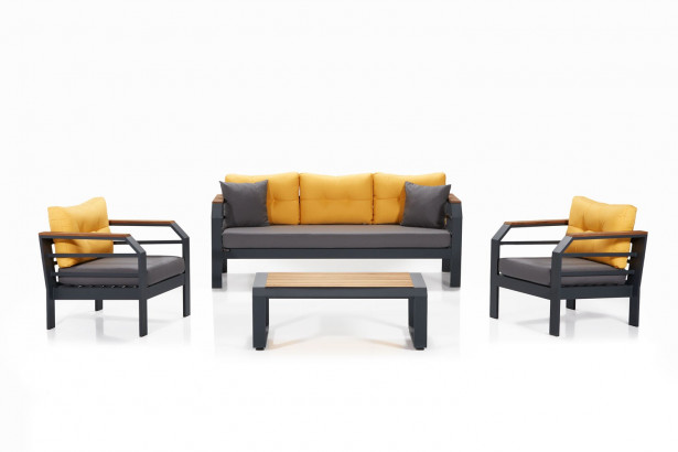 Oleskeluryhmä Linento Garden Assento, 3-istuttava sohva + 2 nojatuolia + sohvapöytä, keltainen/harmaa