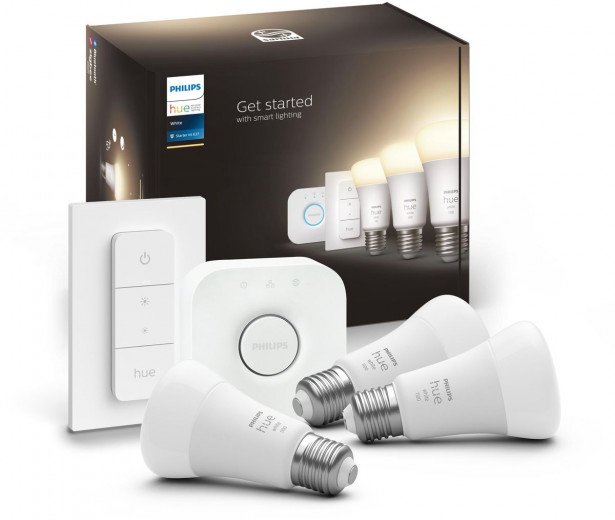 Aloituspakkaus Philips Hue White, 3 x älylamppu (9.5W, A60, E27), kytkin ja Hue-silta