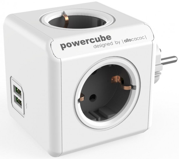 Pistorasia Allocacoc PowerCube Original USB, 4-osainen + 2 x USB, harmaa/valkoinen