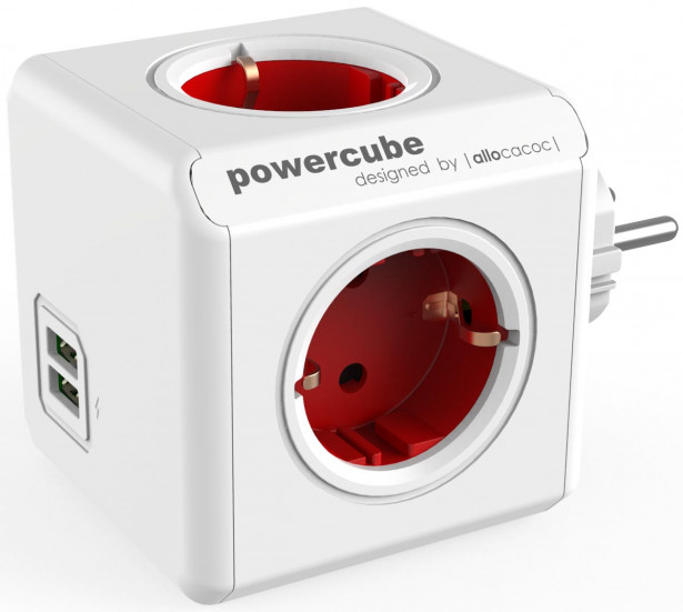 Pistorasia Allocacoc PowerCube Original USB, 4-osainen + 2 x USB, punainen/valkoinen