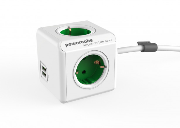 Jatkojohto Allocacoc PowerCube Extended USB, 1.5m, 4-osainen + 2xUSB-A, vihreä/valkoinen