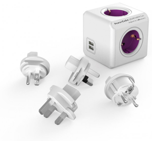 Pistorasia Allocacoc PowerCube Rewirable, 4-osainen + 2 x USB, lila/valkoinen