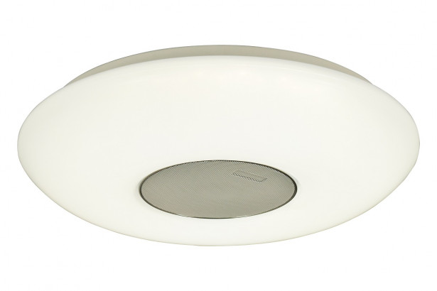 LED-plafondi Aneta Lighting Musica, bluetooth-kaiutin, 24W, Ø400x90mm, IP44, valkoinen/kromi